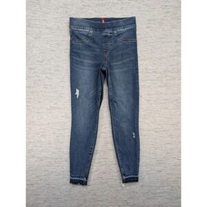 Spanx Jeans Womens Small Petite Blue Dark Wash Skinny Pull On Distressed Raw Hem